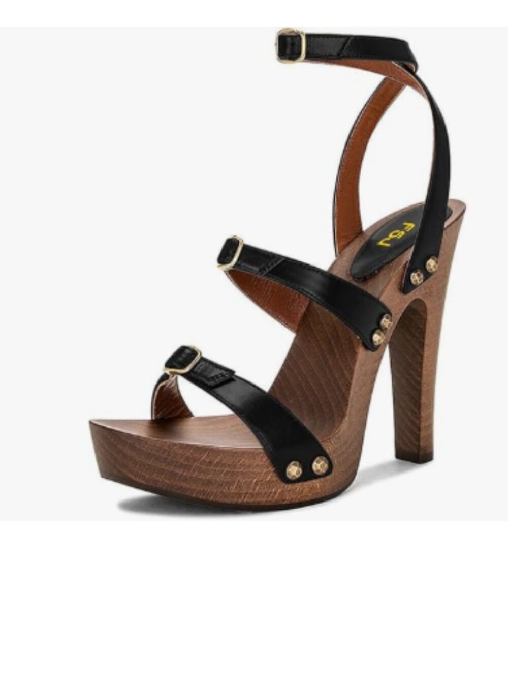 FSJ Black Open Toe Triple Buckle Straps Clog Heels Studded Platform Sandals